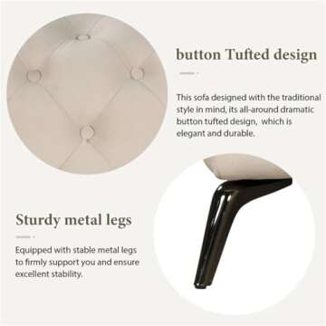 FANCUF 85.5" Velvet Upholstered Sofa with Sturdy Metal Legs, Sofa Couch with Button Tufted Back, 3 Seater Couch Beige