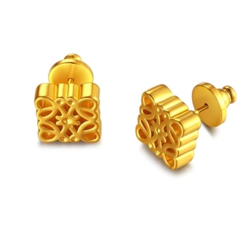 Retro French Earrings Gold Earrings For Women, 14k Plated Chunky Gold Stud Earrings Trendy Flat Back...