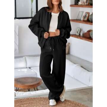 Aleumdr Women's 2 Piece Outfits Sweatsuit Fleece Zip Up Long Sleeve Sweatshirt with Wide Leg Sweatpants Lounge Set Black Large