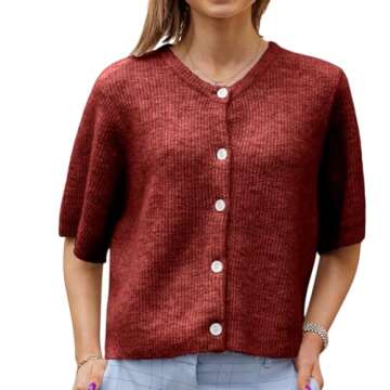 Women Knitted Button Down Short Sleeve Tops Y2K Solid Color Crew Neck Relaxed Sweater Cardigan Going Out Knit Tops (Burgundy, S)