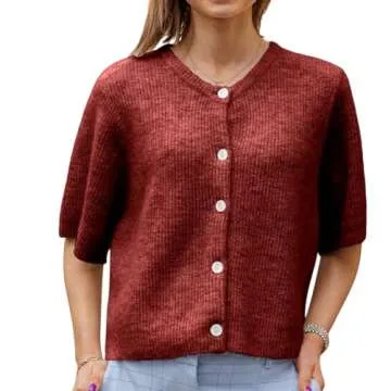 Women Knitted Button Down Short Sleeve Sweater Cardigan