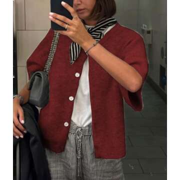 Women Knitted Button Down Short Sleeve Tops Y2K Solid Color Crew Neck Relaxed Sweater Cardigan Going Out Knit Tops (Burgundy, S)