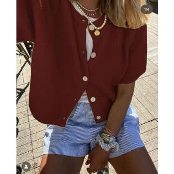 Women Knitted Button Down Short Sleeve Tops Y2K Solid Color Crew Neck Relaxed Sweater Cardigan Going Out Knit Tops (Burgundy, S)