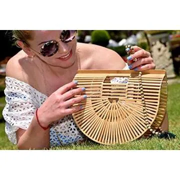 Hossejoy Bamboo Handbag Handmade Bamboo Bag Summer Bench Tote Bag For Women, Natural Bamboo, 11.35" X 9.7"X2.95''