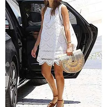 Hossejoy Bamboo Handbag Handmade Bamboo Bag Summer Bench Tote Bag For Women, Natural Bamboo, 11.35" X 9.7"X2.95''