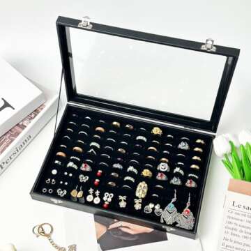GISK 100 Slots Ring Box Storage Organizer Jewelry Ring Display Case with Transparent Lid Ring Holder Case Jewelry Box Organizer Ring Earring Holder Jewelry Tray Organizer…
