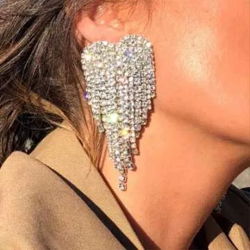 Jeni-Sely Sparkling Heart Shape Crystal Tassel Earrings