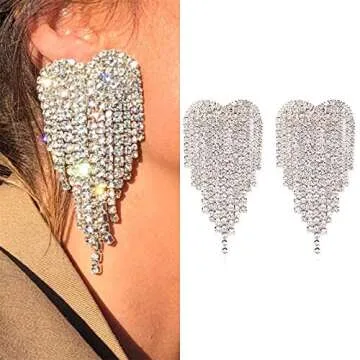 Jeni-Sely Sparkling Heart Shape Crystal Tassel Earrings