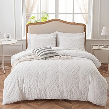 SLEEPBELLA Queen Comforter Set White Tufted Bedding, Lightweight & Fluffy All-Season Queen Size Bed ...
