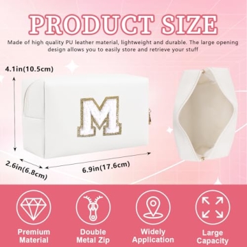 Personalized Initial Letter Patch Makeup Bag, Preppy Portable Chenille Cosmetic Bag with Zipper, PU ...