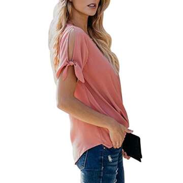 HOTAPEI Womens Tunic Blouses Casual Loose Summer Tie Short Sleeve Wrap V Neck Chiffon Work Blouses for Women Fashion Loose Fit Tops Shirts Pink L