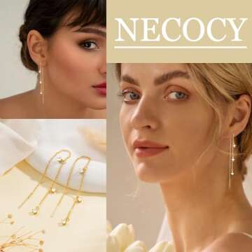 NECOCY Gold Dangle Earrings for Women Dangly Dangling Hanging Drop 14K Gold Plated Threader Chain Earrings Set Trendy Stack Long Multiple Piercing Hoop Earrings Dainty Hypoallergenic Jewelry for Women