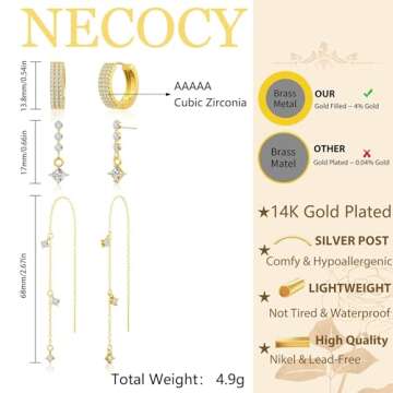 NECOCY Gold Dangle Earrings for Women Dangly Dangling Hanging Drop 14K Gold Plated Threader Chain Earrings Set Trendy Stack Long Multiple Piercing Hoop Earrings Dainty Hypoallergenic Jewelry for Women