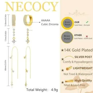 NECOCY Gold Dangle Earrings for Women Dangly Dangling Hanging Drop 14K Gold Plated Threader Chain Earrings Set Trendy Stack Long Multiple Piercing Hoop Earrings Dainty Hypoallergenic Jewelry for Women
