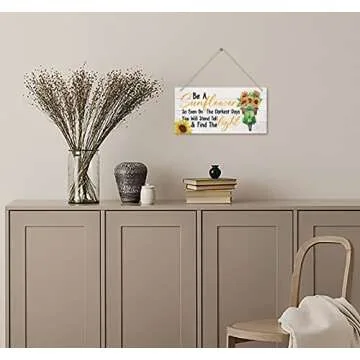 Sunflower Themed Wood Decor Sign, Be Like a Sunflower-Bright, Happy & Positive, Hanging Printed Wooden Plaque Decor, Motivational Gift for Home Office School Decor, Office Wall Décor 12x6 inch
