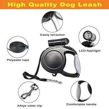 26Ft Retractable Dog Leash with LED Flashlight, Pet Walking Leash for Medium Large Dog up to 110 LB ...