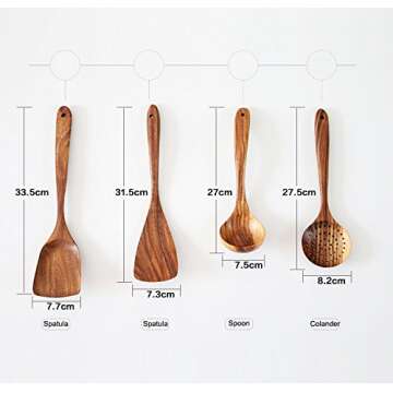 NAYAHOSE Wooden Spoons for Cooking, 4 Pcs Wooden Natural Teak Wood Spatulas Spoon, Nonstick Kitchen Utensil Set