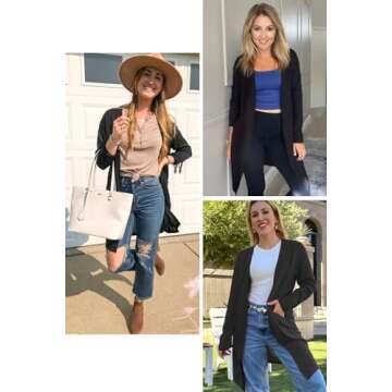 OUGES Women's 2025 Fashion Fall Winter Black Open Front Long Sleeve Lightweight Sweater Cardigan Shirt Clothing with Pockets(Black,M)