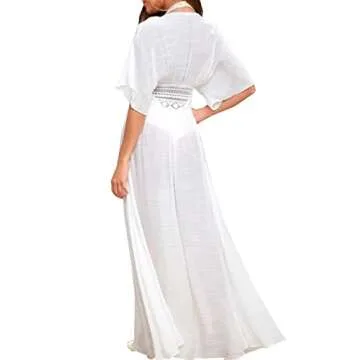 Women Swimsuit Cover Up Open Front Long Beach Kimono Cardigan Swim Bathing Suit Cover Up White one Size