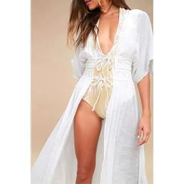 Women Swimsuit Cover Up Open Front Long Beach Kimono Cardigan Swim Bathing Suit Cover Up White one Size