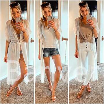 Women Swimsuit Cover Up Open Front Long Beach Kimono Cardigan Swim Bathing Suit Cover Up White one Size
