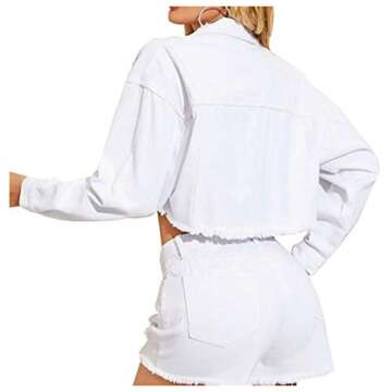 LifeShe Women Cropped Ripped Distressed Denim Jean Jacket Coat Fringe with Frayed Hem White