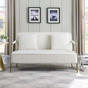 Homtique Loveseat Sofa Couch, Mid-Century Modern Velvet Love Seat Pleated Upholstered with 2 Pillows and Metal Legs, 56" Small Couches for Small Spaces Living Room, Bedroom (Beige)