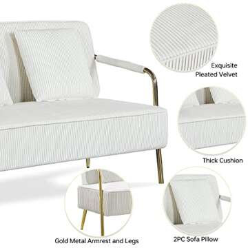 Homtique Loveseat Sofa Couch, Mid-Century Modern Velvet Love Seat Pleated Upholstered with 2 Pillows and Metal Legs, 56" Small Couches for Small Spaces Living Room, Bedroom (Beige)