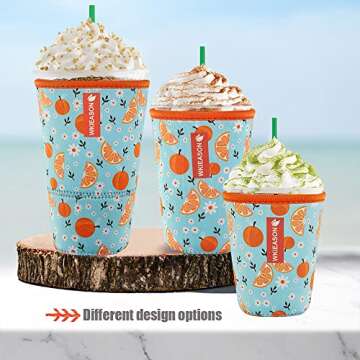 Reusable Iced Coffee Insulator Sleeve for Cold Beverages and Neoprene Cold Coffee Cup Sleeves Cooler Cover 16-32OZ for Coffee Cups, McDonalds, Dunkin Donuts, More (Fresh orange print)