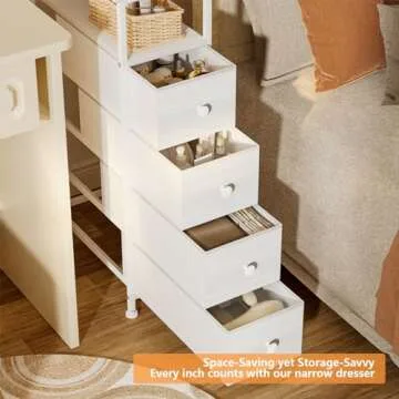 YILQQPER Narrow Dresser Storage Tower, Slim Dresser for Bedroom, Tall Nightstand Chest of 4 Fabric Drawers with Wood Shelf, Bathroom Organizers and Storage for Small Spaces, Laundry, Closet, White