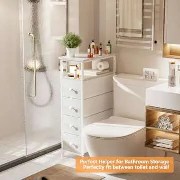 YILQQPER Narrow Dresser Storage Tower, Slim Dresser for Bedroom, Tall Nightstand Chest of 4 Fabric Drawers with Wood Shelf, Bathroom Organizers and Storage for Small Spaces, Laundry, Closet, White