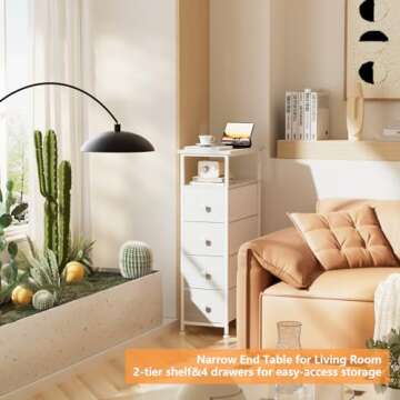 YILQQPER Narrow Dresser Storage Tower, Slim Dresser for Bedroom, Tall Nightstand Chest of 4 Fabric Drawers with Wood Shelf, Bathroom Organizers and Storage for Small Spaces, Laundry, Closet, White
