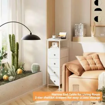 YILQQPER Narrow Dresser Storage Tower, Slim Dresser for Bedroom, Tall Nightstand Chest of 4 Fabric Drawers with Wood Shelf, Bathroom Organizers and Storage for Small Spaces, Laundry, Closet, White