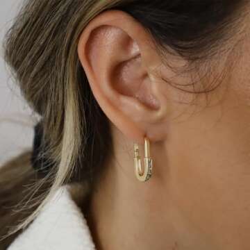 LIVYEN 14K Gold Plated Sterling Silver Posts Hoop Earrings| U Shaped Hoops| Trendy Women's Earrings| Fashion Paperclip Earrings for Women| Lightweight Hoops