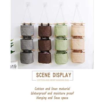 AARAINBOW 1 Pack Mini Cotton Linen Fabric Closet Detachable Foldable Washable Hanging Storage Bag with 3 Pockets Over The Wall Door Organizer for Room Bathroom (Khaki)