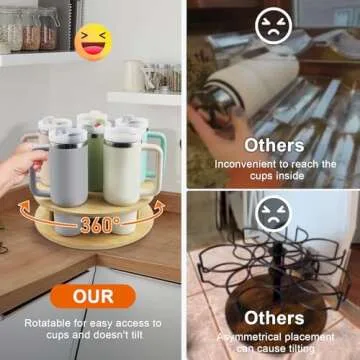 AZBFAN Water Bottle Organizer for Stanley Tumbler, Rotatable Stanley Cup Organizer for Kitchen Cabinets, Tumbler Holder Organizer for Stanley Cup Accessories(Wood)