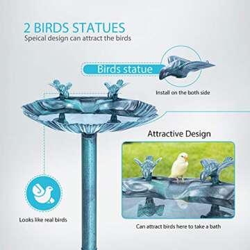 VIVOHOME 26 Inch Height Polyresin Lightweight Antique Outdoor Double Birds Garden Bird Bath with Planter Green