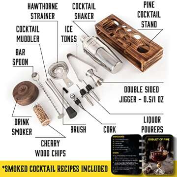 Bartender Kit with Whiskey Smoker - 13 pcs, Pine Stand - Bar Set with Cocktail Shaker, Bartending Ki...