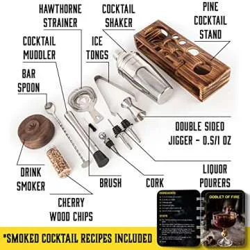 Bartender Kit with Whiskey Smoker - 13 pcs, Pine Stand - Bar Set with Cocktail Shaker, Bartending Ki...