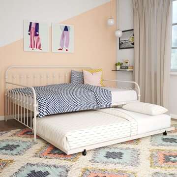 Novogratz Bright Pop Full Metal Daybed with Twin Trundle Bed, Off White