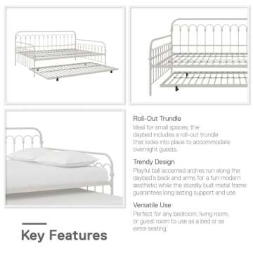 Novogratz Bright Pop Full Metal Daybed with Twin Trundle Bed, Off White
