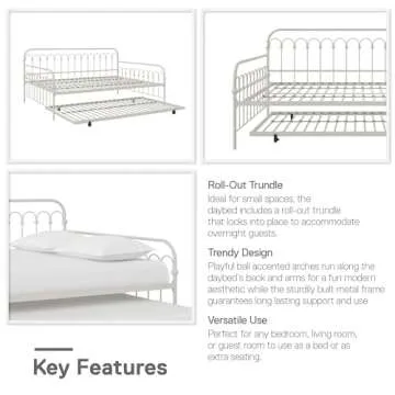 Novogratz Bright Pop Full Metal Daybed with Twin Trundle Bed, Off White