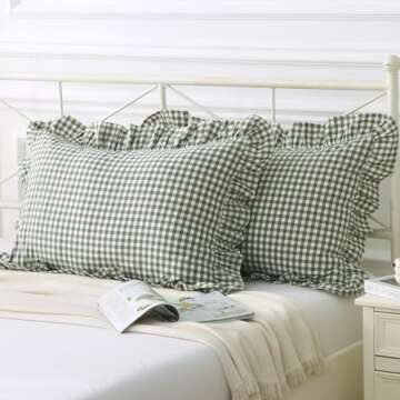 Silnuo Green/White Plaid Ruffled Queen Size Pillow Shams Set of 2, Washed Cotton Farmhouse Bed Cover...