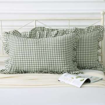 Silnuo Green/White Plaid Ruffled Pillow Shams Set of 2