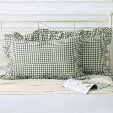 Silnuo Green/White Plaid Ruffled Pillow Shams Set of 2