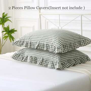 Silnuo Green/White Plaid Ruffled Pillow Shams Set of 2