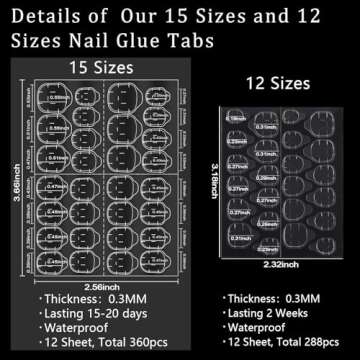 Allstarry 360pcs (12 Sheets) Nail Adhesive Tabs Waterproof Breathable Glue Tabs 15 Sizes Double-Sided Fake Nail Jelly Sticker Super Sticky Nail Glue Stickers Transparent Flexible for Manicure