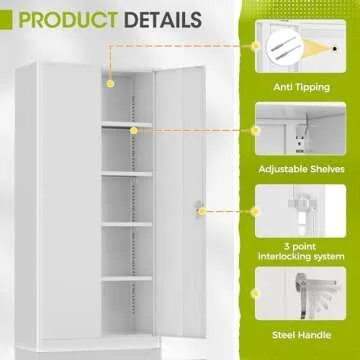 Greenvelly Metal Lockable Storage Cabinet, 72” Tall Storage Cabinet with 2 Doors and 4 Adjustable Shelves for Office, Home, Garage, Pantry (Assembly Required, 18”D, White)
