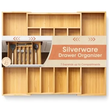 AUJEN Bamboo Silverware Organizer - Expandable Drawer Organizer, Adjustable Utensil Organizer, Kitch...