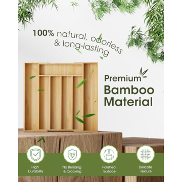 AUJEN Bamboo Silverware Organizer - Expandable Drawer Organizer, Adjustable Utensil Organizer, Kitchen Cutlery Drawer Organizer, Kitchen Organizers and Storage Holder for Flatware, 5-7 Slots, Natural